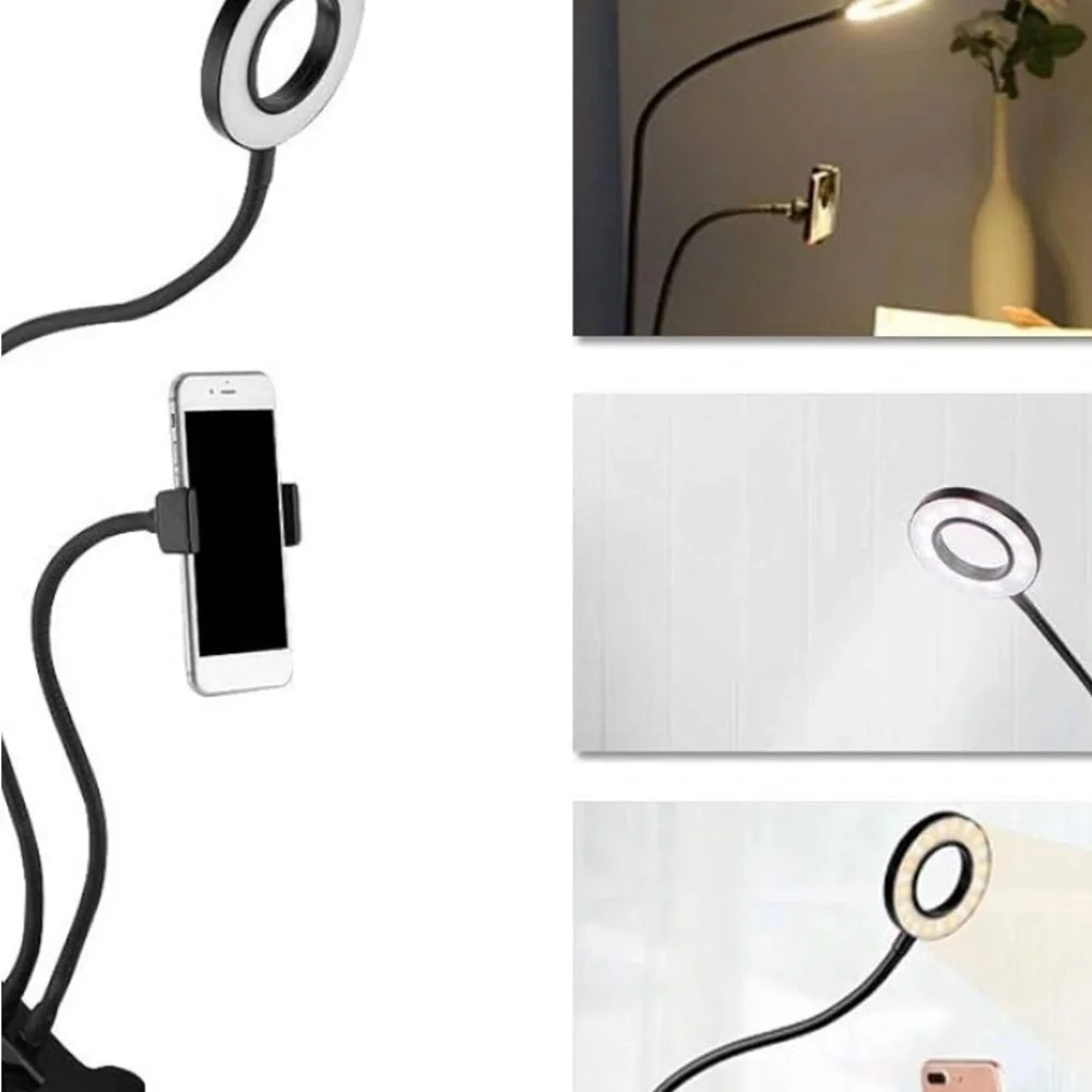 Goose Neck Selfie Light Phone Holder- Clamps to table- 3 Light Modes-360’ Rotate